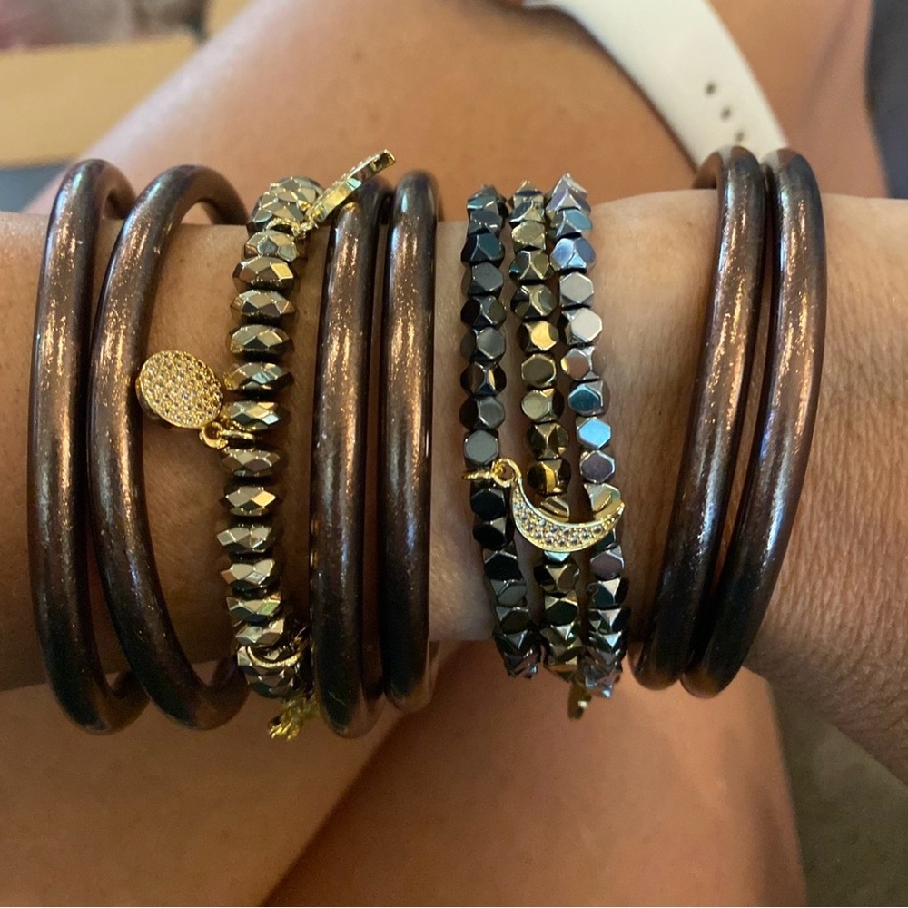 Gold Accent Hematite and Brown Stacked Bracelet Set